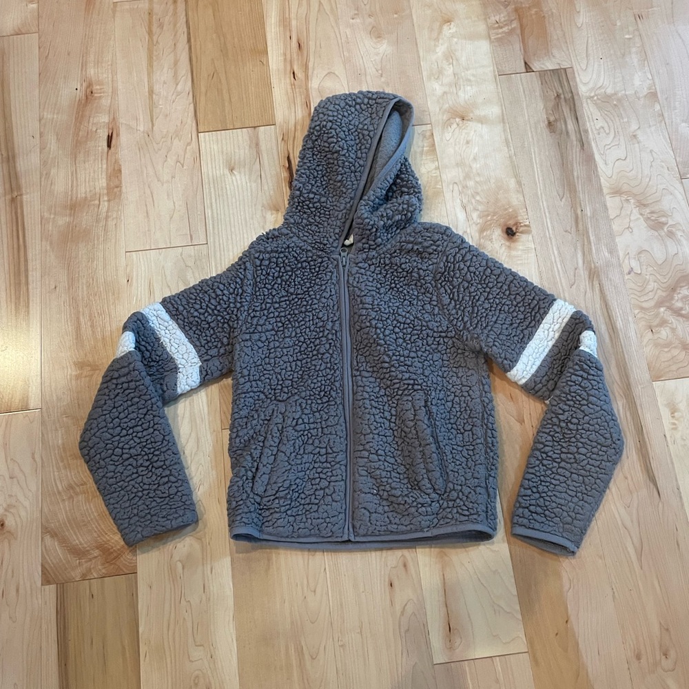 SQ fluffy fleece grey hooded jacket with white stripes